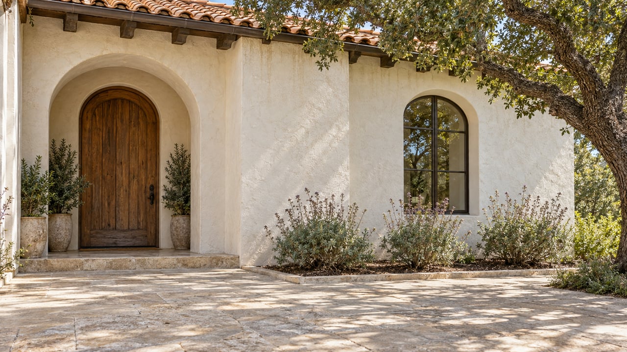 Sunlit stucco entry with a substantial arched wooden door, clay tile eaves, limestone terrace and mature oak canopy.