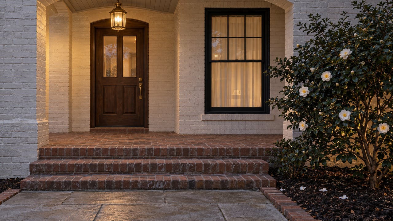 Painted-brick home entry at blue hour, with a warm lantern, walnut door, red brick steps and white-flowering camellia.