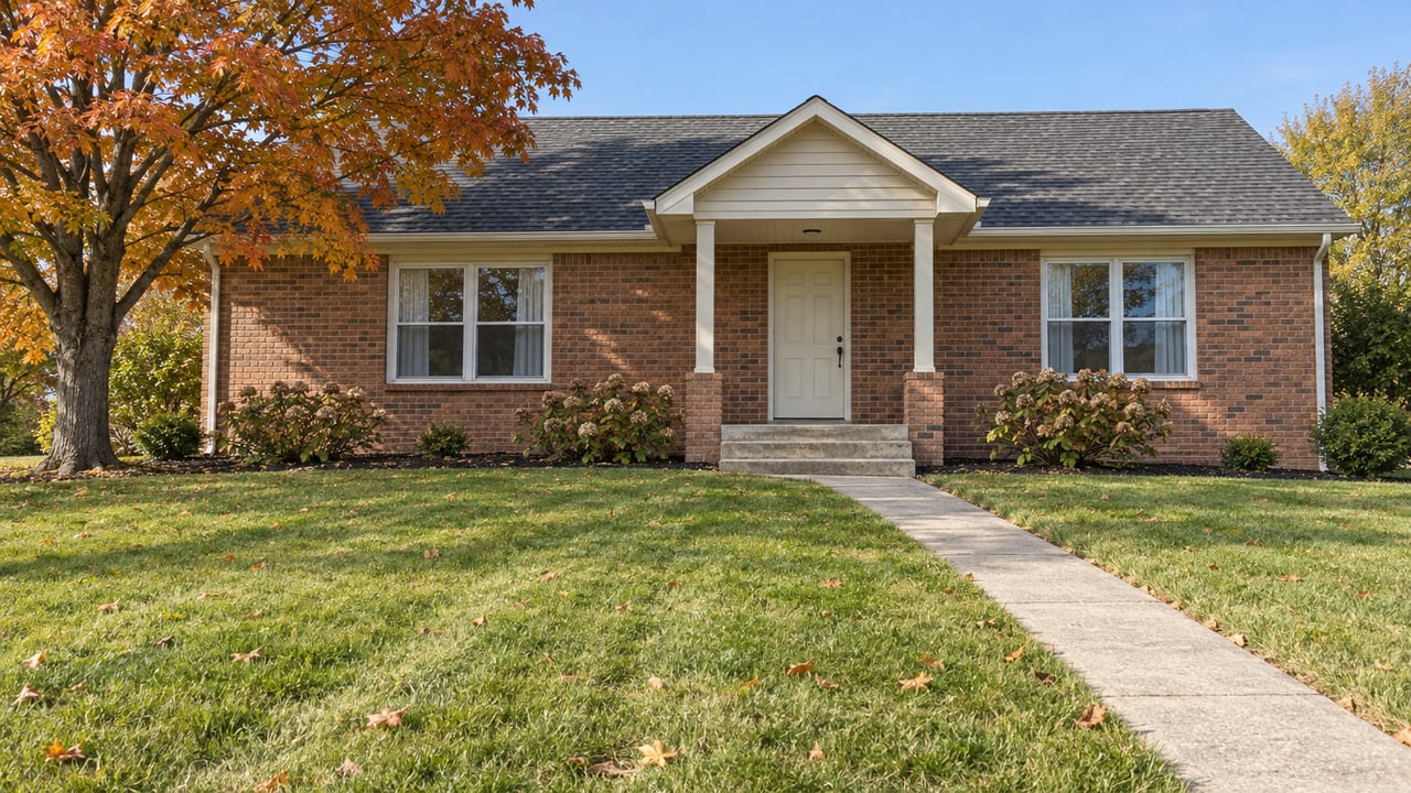 One-story russet brick house beyond a broad autumn lawn, with a centered covered entry and orange-leaved maple.