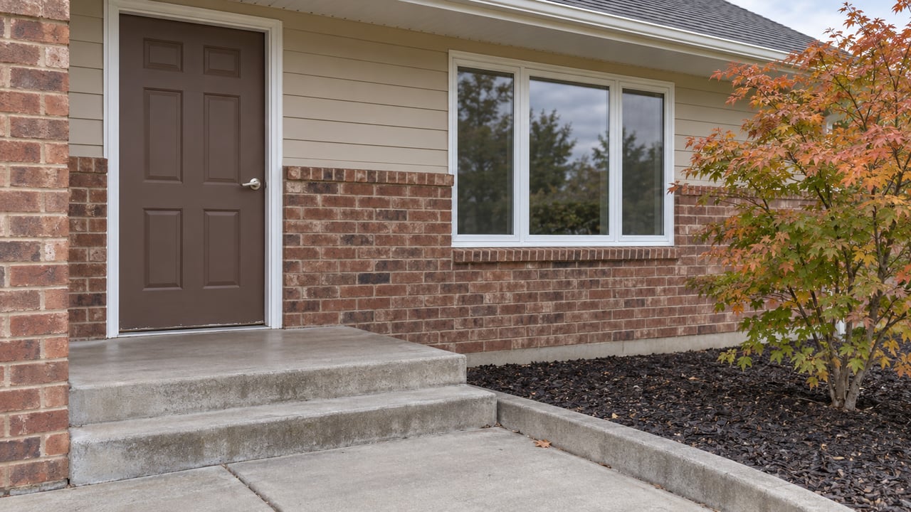 A modest ranch entry with red-brown brick, beige siding, a concrete stoop and an autumn maple beside the walk.