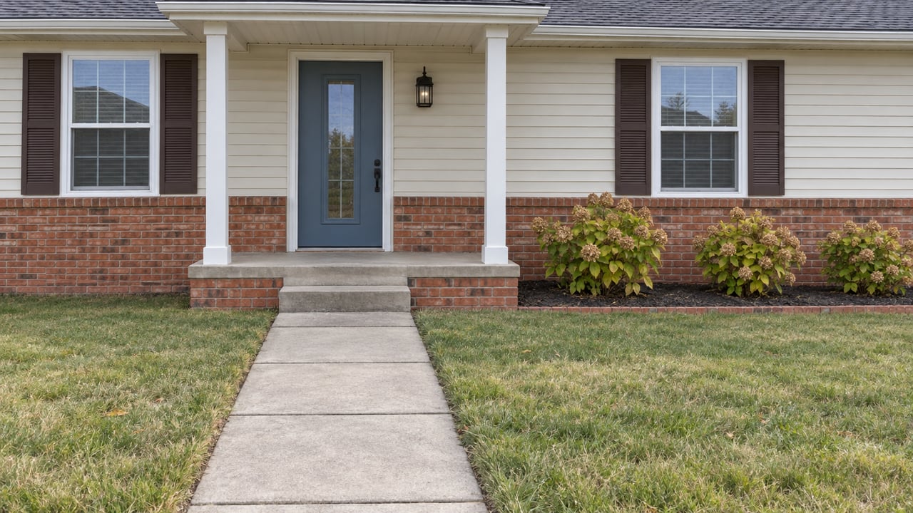 A modest cream-sided and brick ranch home with a covered front porch, concrete walk, lawn, and three hydrangeas.