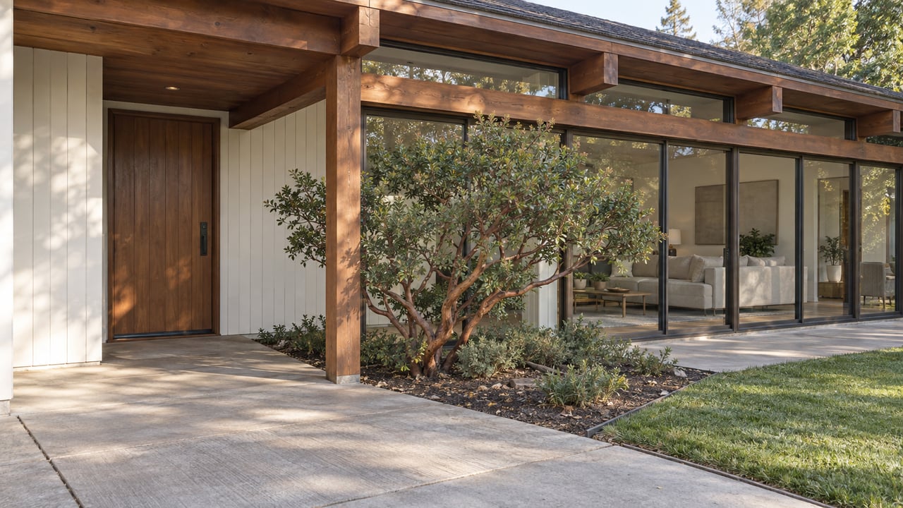 Single-story post-and-beam house with redwood posts, glazed living-room wall, and recessed wood entry.