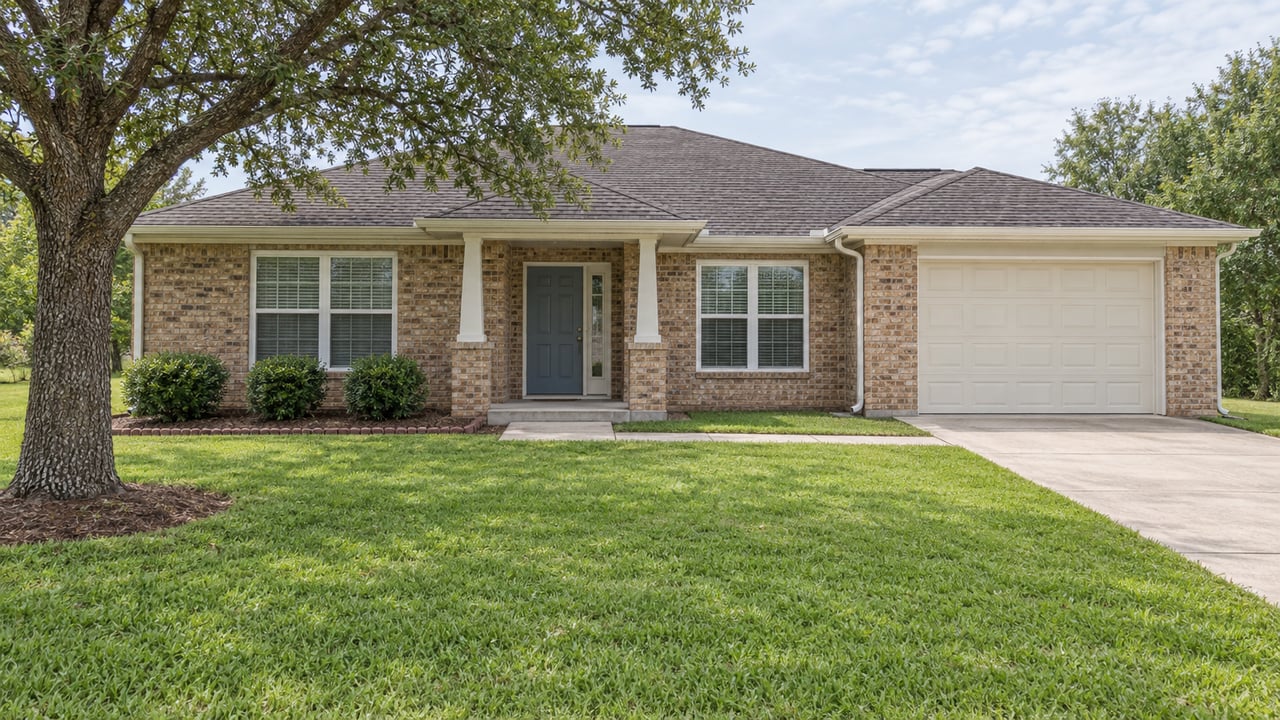 A single-story buff-brick home with a recessed blue front door, attached garage and deep lawn under soft midday light.