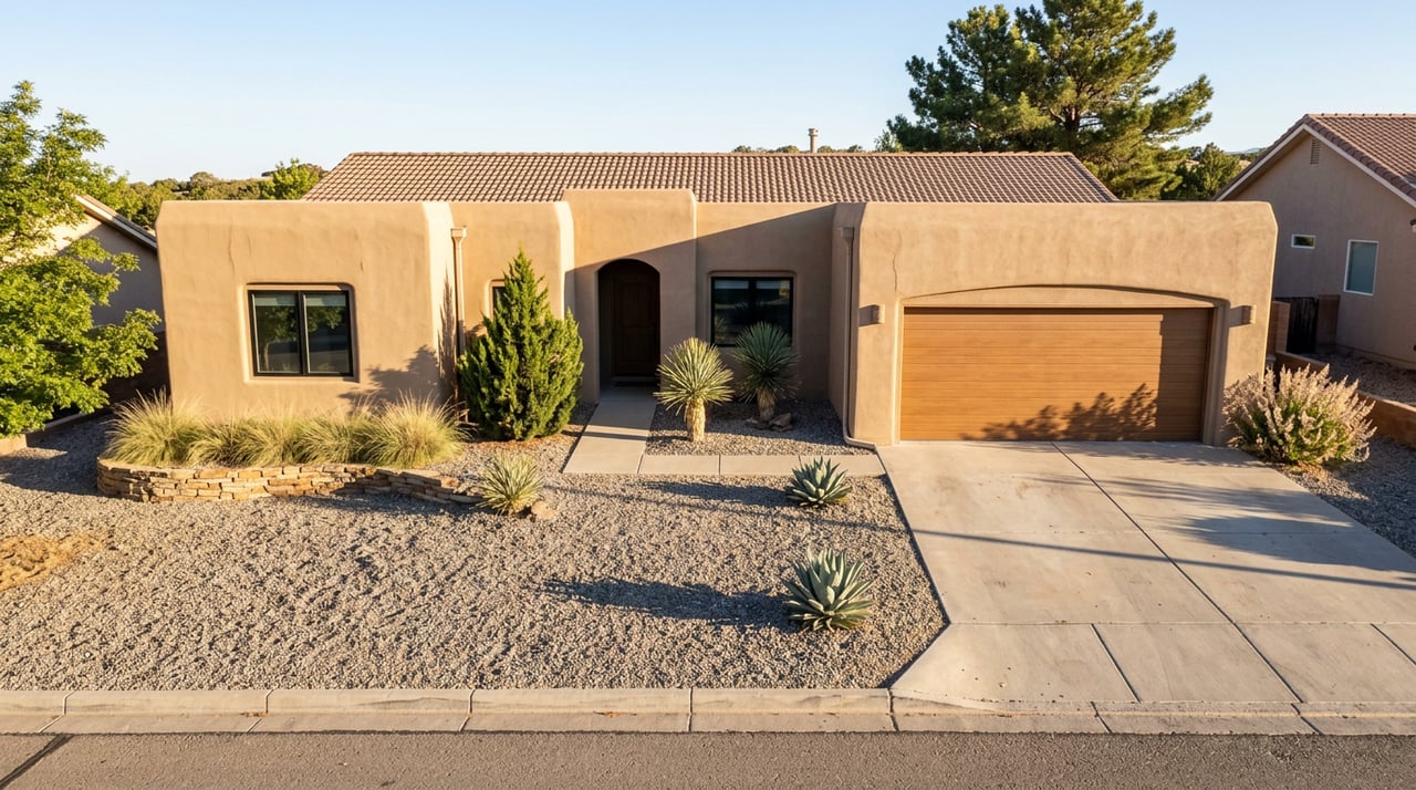 Tan stucco home with terracotta tile roof, flagstone wall, gravel yard, and a piñon tree screening the ridge.