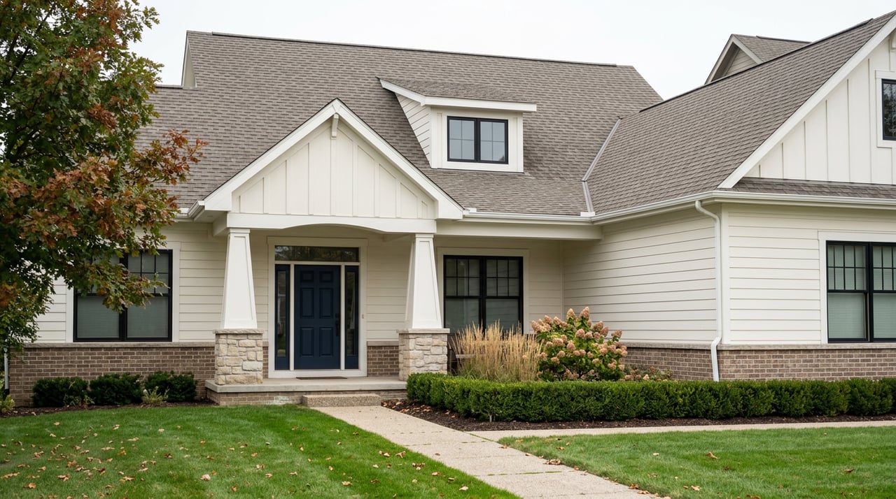 Craftsman home with a navy paneled door, stone porch columns, multi-gabled roof, and oak-framed lawn.