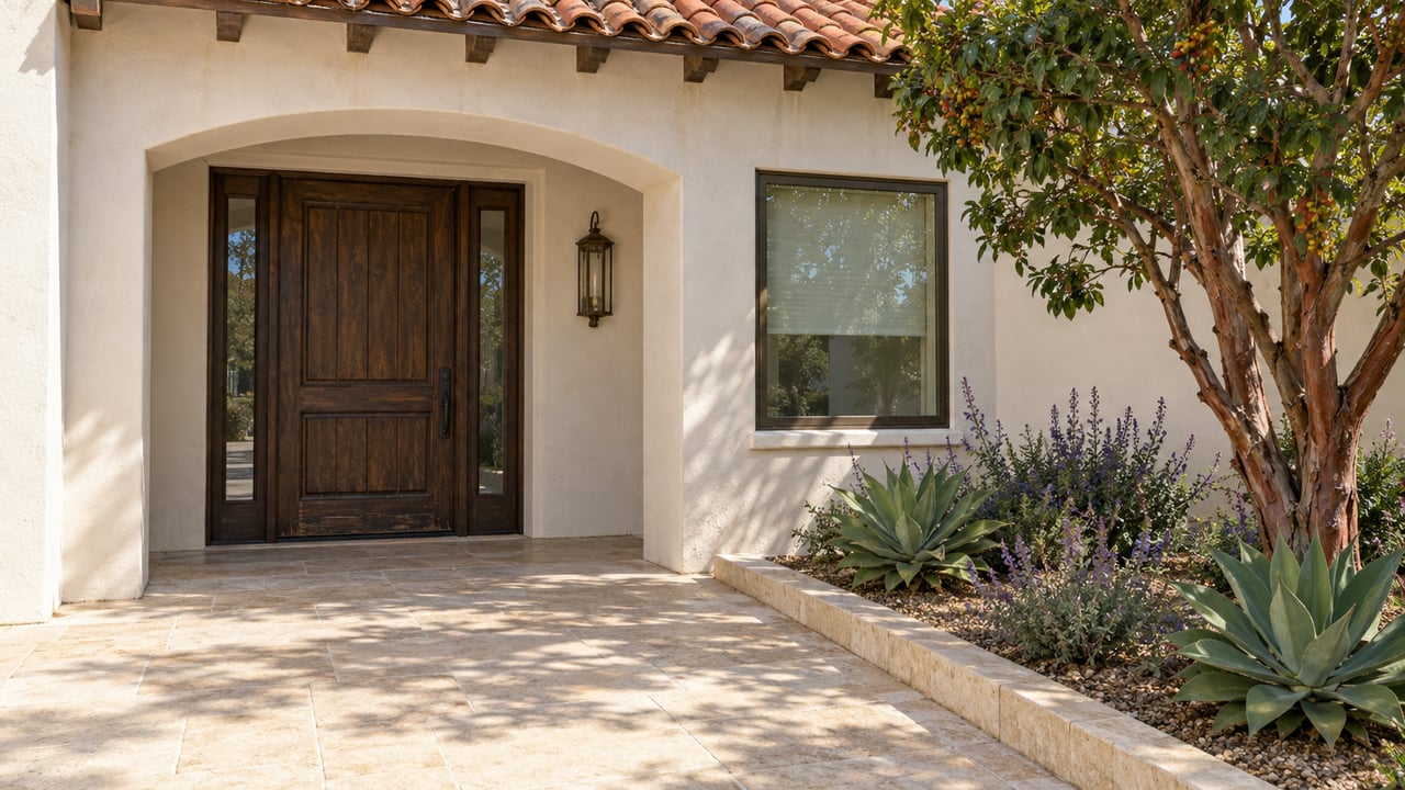 Sunlit stucco home entry with a clay-tile roof, oak door, limestone courtyard and sculptural drought-adapted planting.