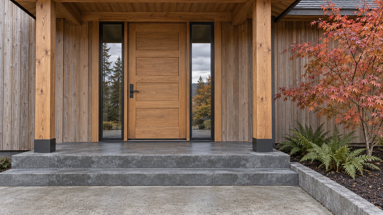 Covered timber entrance with an oak paneled door, paired glass sidelights, basalt steps and autumn vine maple.