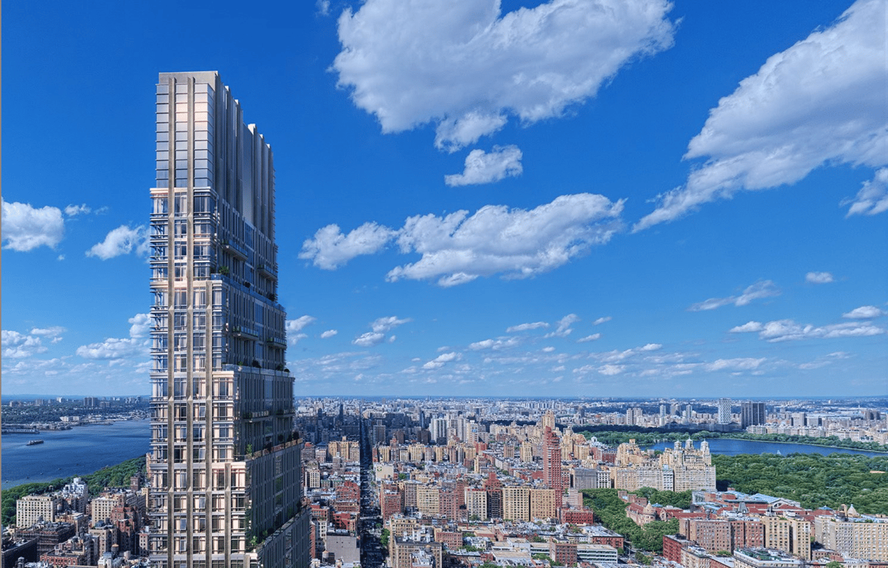 200 Amsterdam tower rises above Manhattan, with the river and city skyline in the distance.
