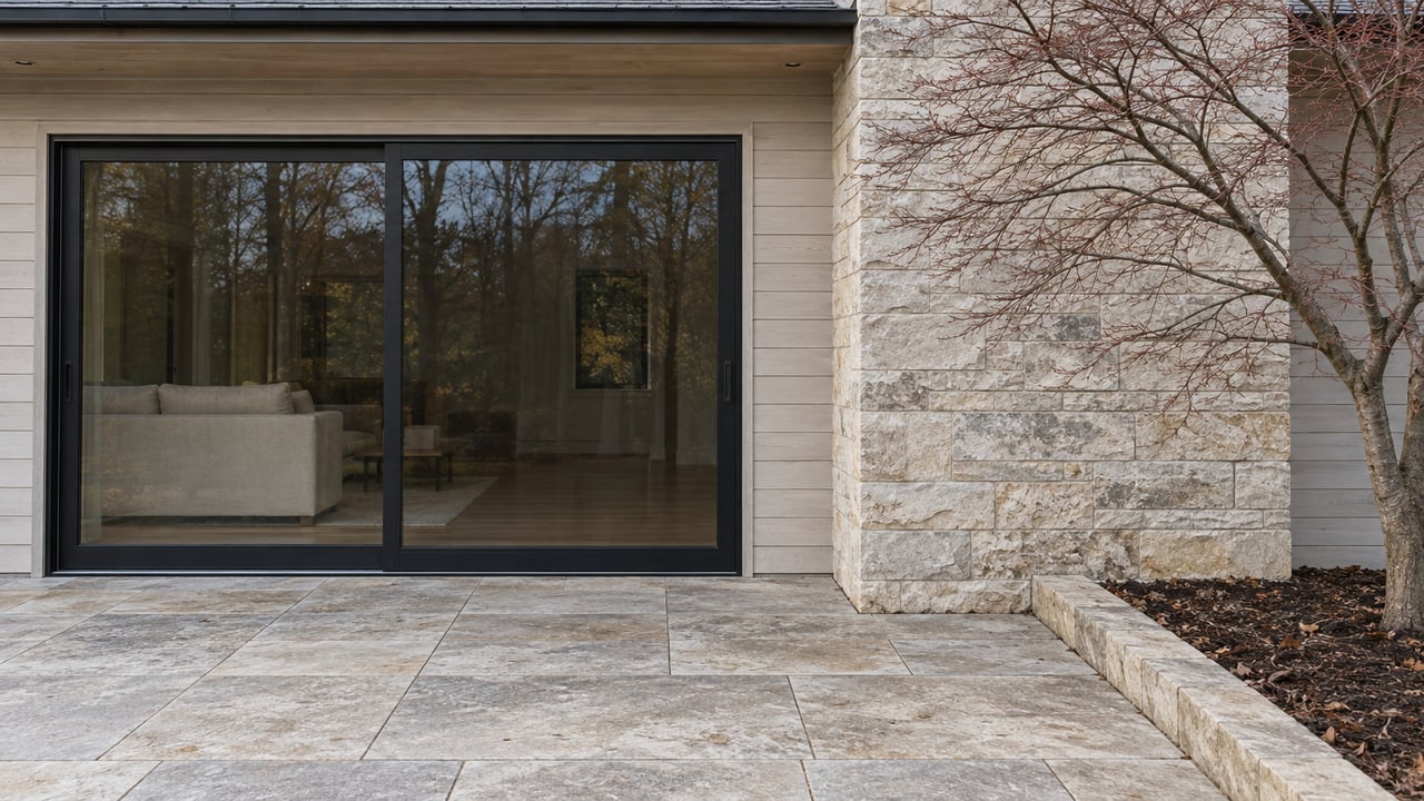Pale limestone terrace beside a wood-clad home, with closed black-framed glass doors and a bare specimen maple.