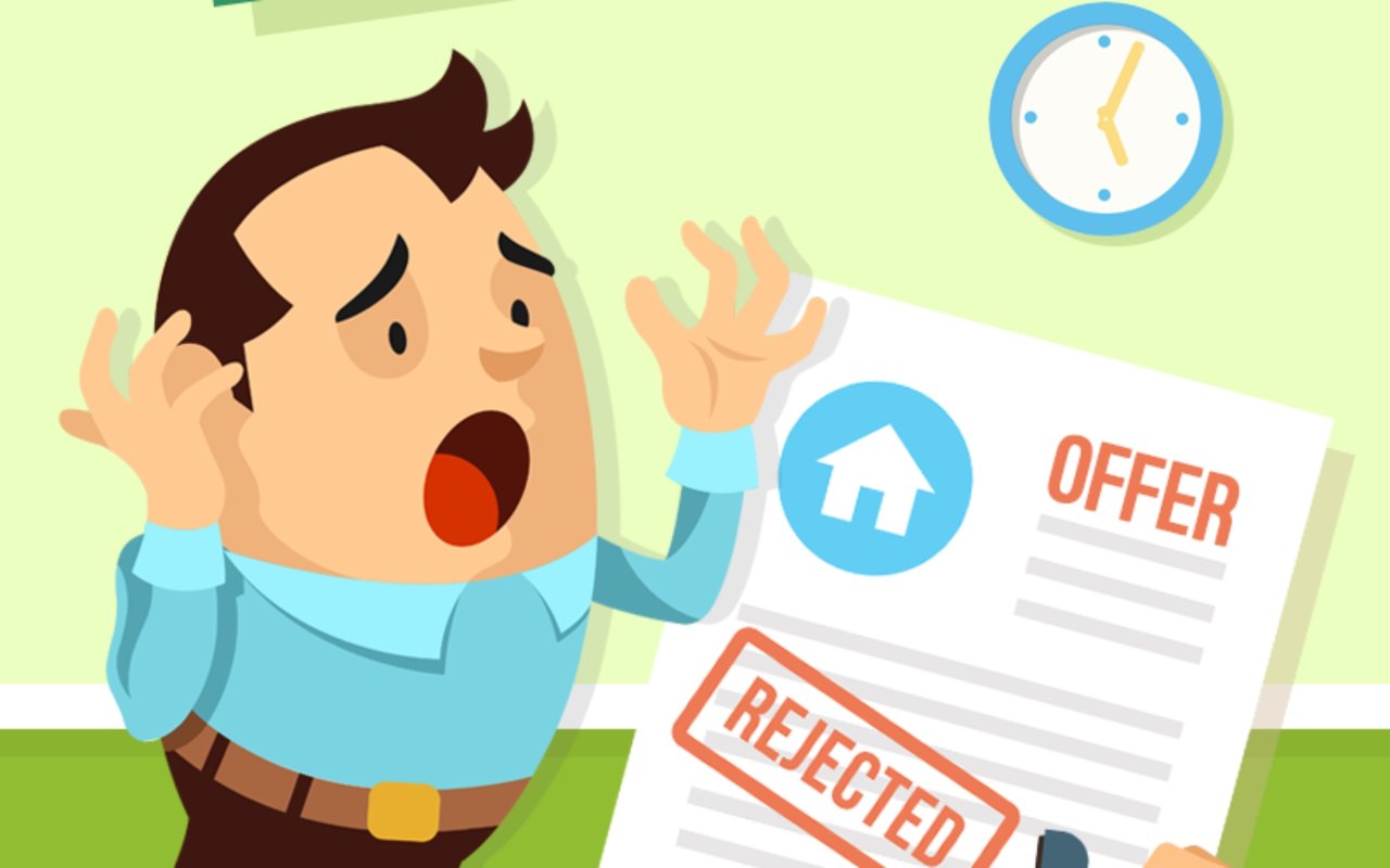 Cartoon home buyer reacts to a rejected offer stamped on a document.