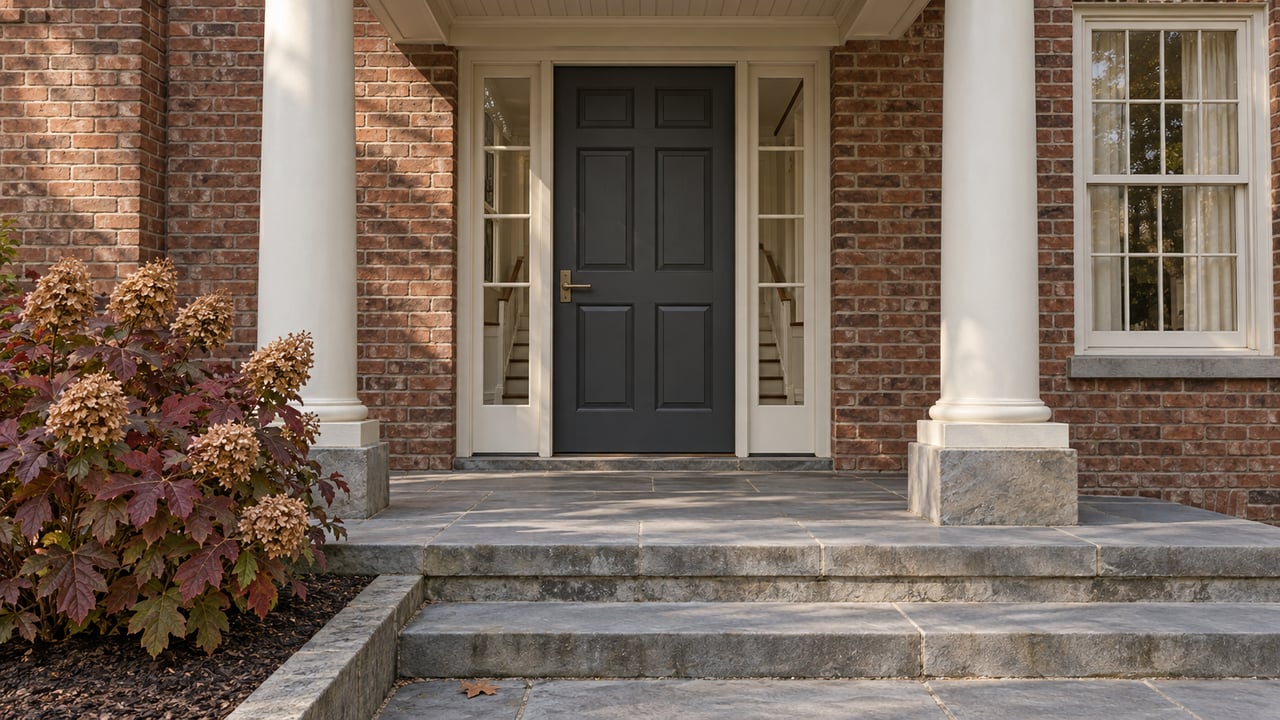 Brick house entrance with ivory columns, charcoal door, blue-gray stone steps and a burgundy oakleaf hydrangea.