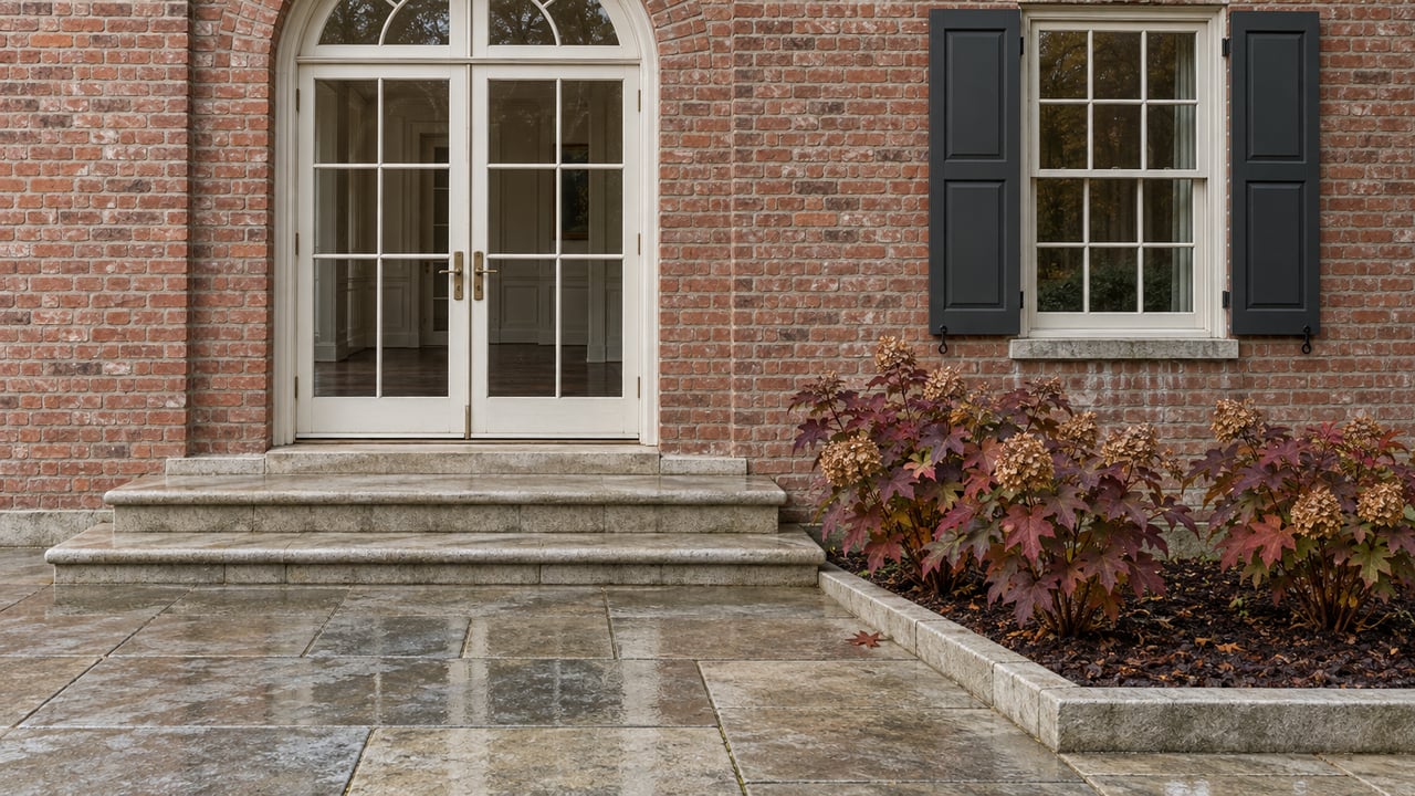 Rain-darkened limestone steps lead to an arched glazed doorway in a red brick home, beside autumn oakleaf hydrangeas.