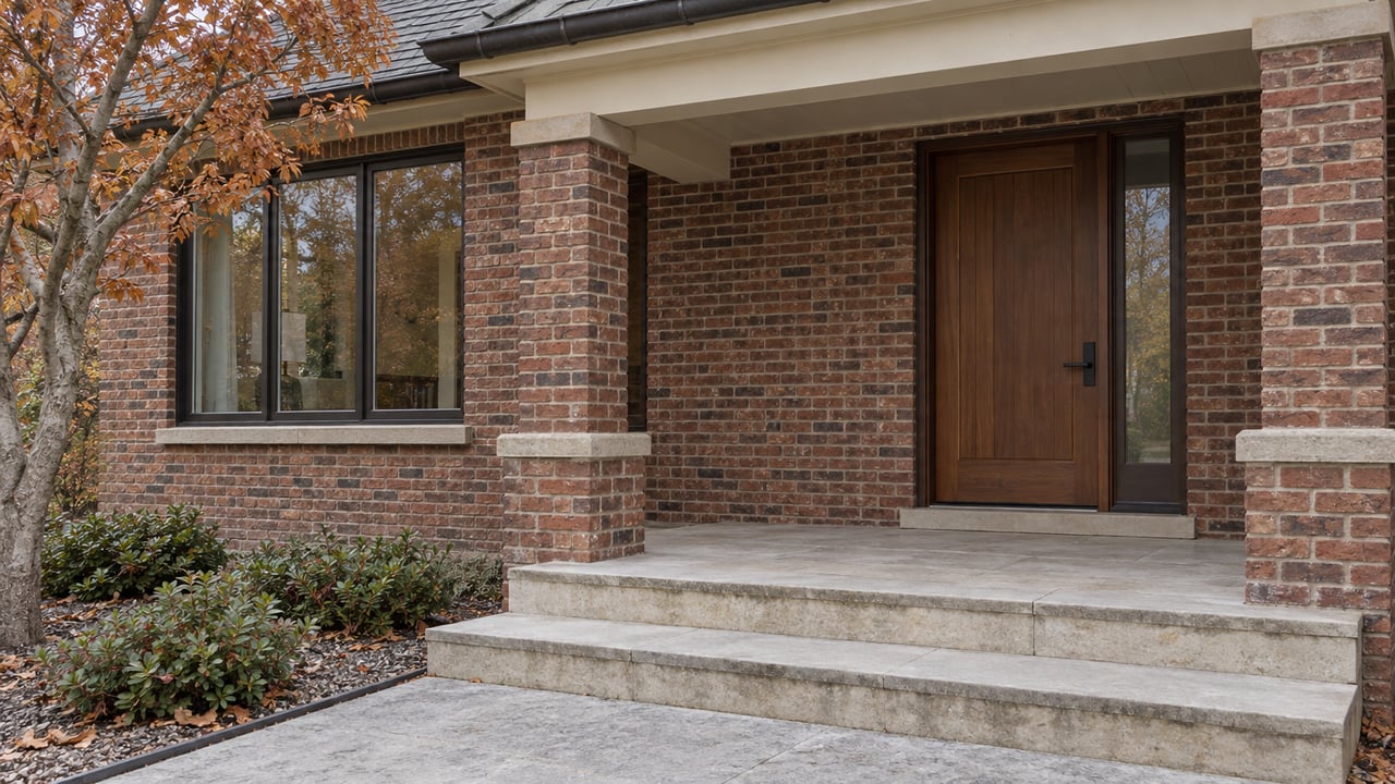A brick home's recessed walnut entry and bronze-framed window above pale limestone steps, with copper autumn leaves at the edge.