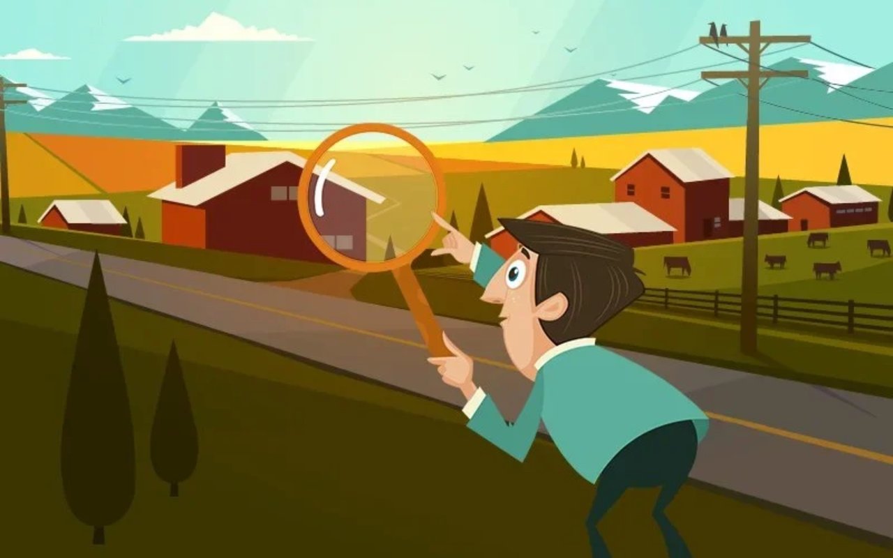 Illustration of a homebuyer inspecting a rural farmhouse with a magnifying glass.
