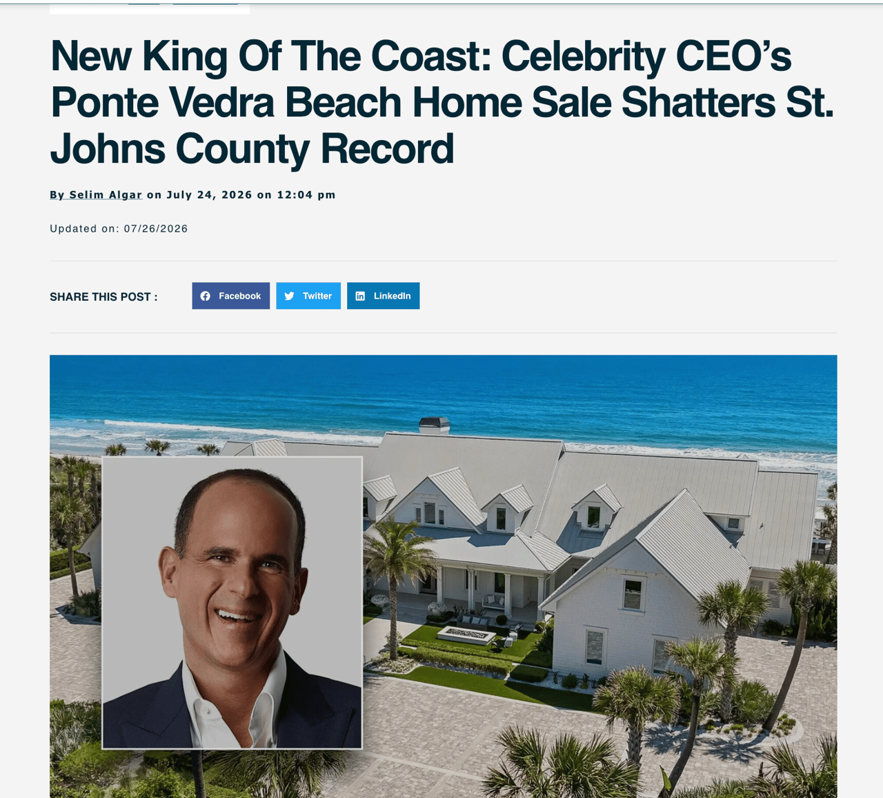 Large white beachfront home with palms and ocean, overlaid with a man's portrait.