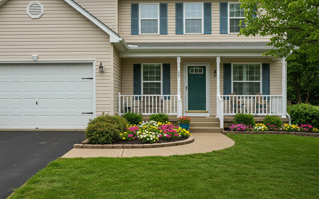 Beige two-story house with a green front door, colorful flower beds, and a curved walkway across the lawn.