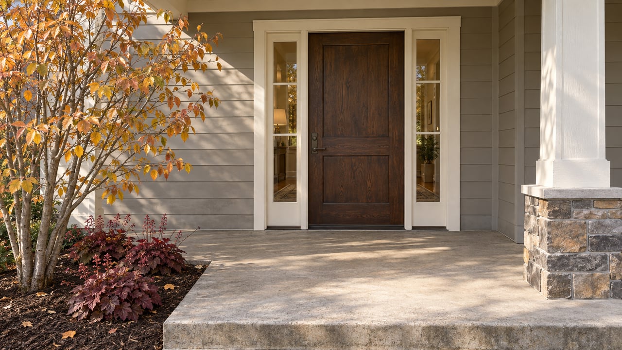 Autumn sunlight on a covered home entry with an oak door, matching sidelights, stone porch column and serviceberry planting.