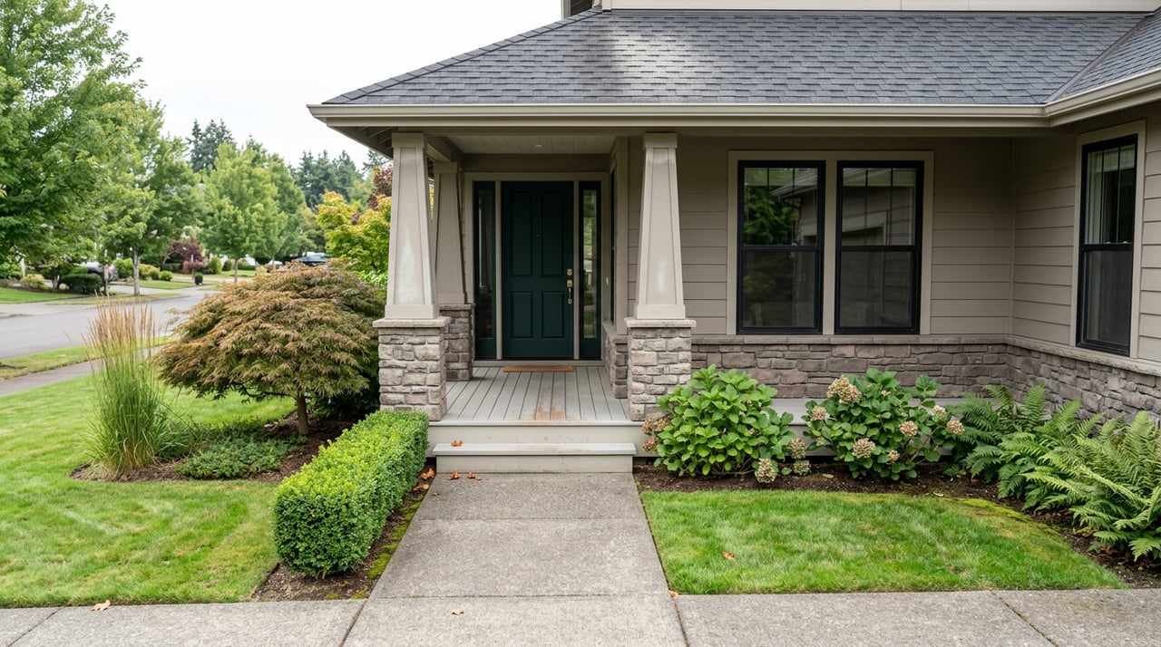 Greige-sided house with a green front door, stone porch piers, and a Japanese maple beside the steps.