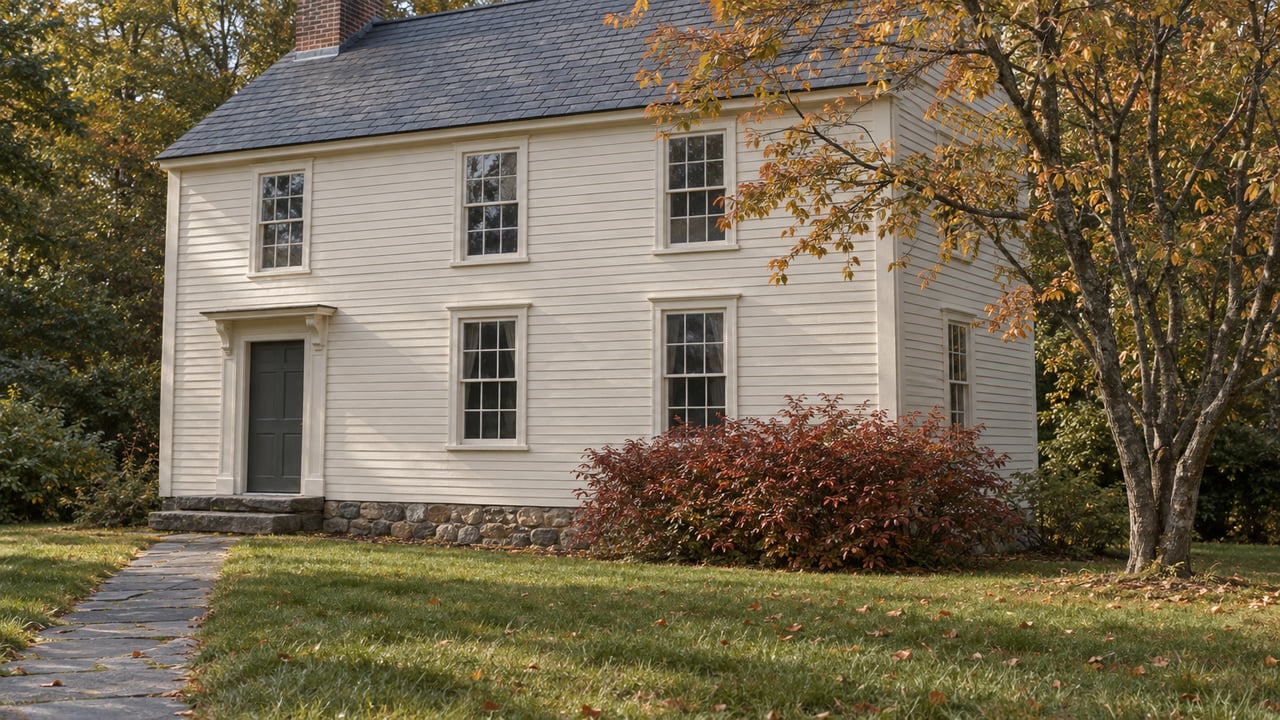 Cream clapboard house with a slate roof, tall sash windows, and a bluestone path across a broad lawn.