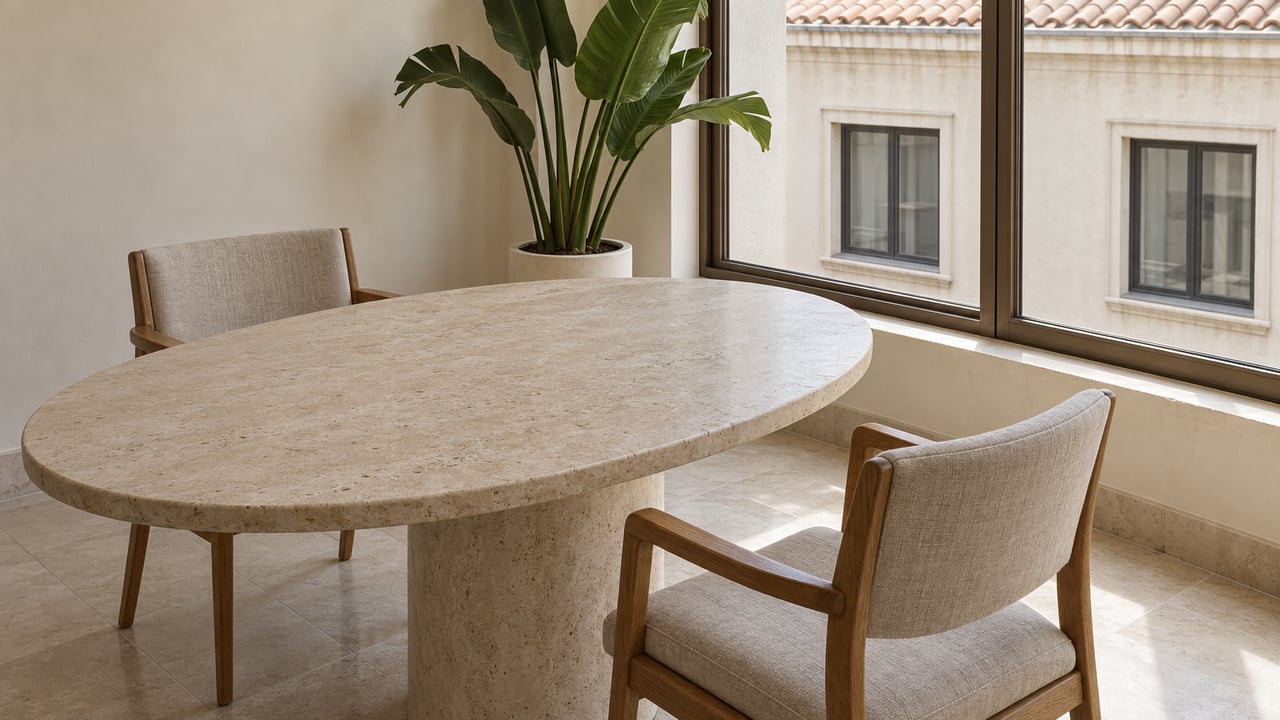 Sunlit condominium dining corner with a limestone table, oak and linen chairs, bronze-framed windows and a single broad-leaved plant.