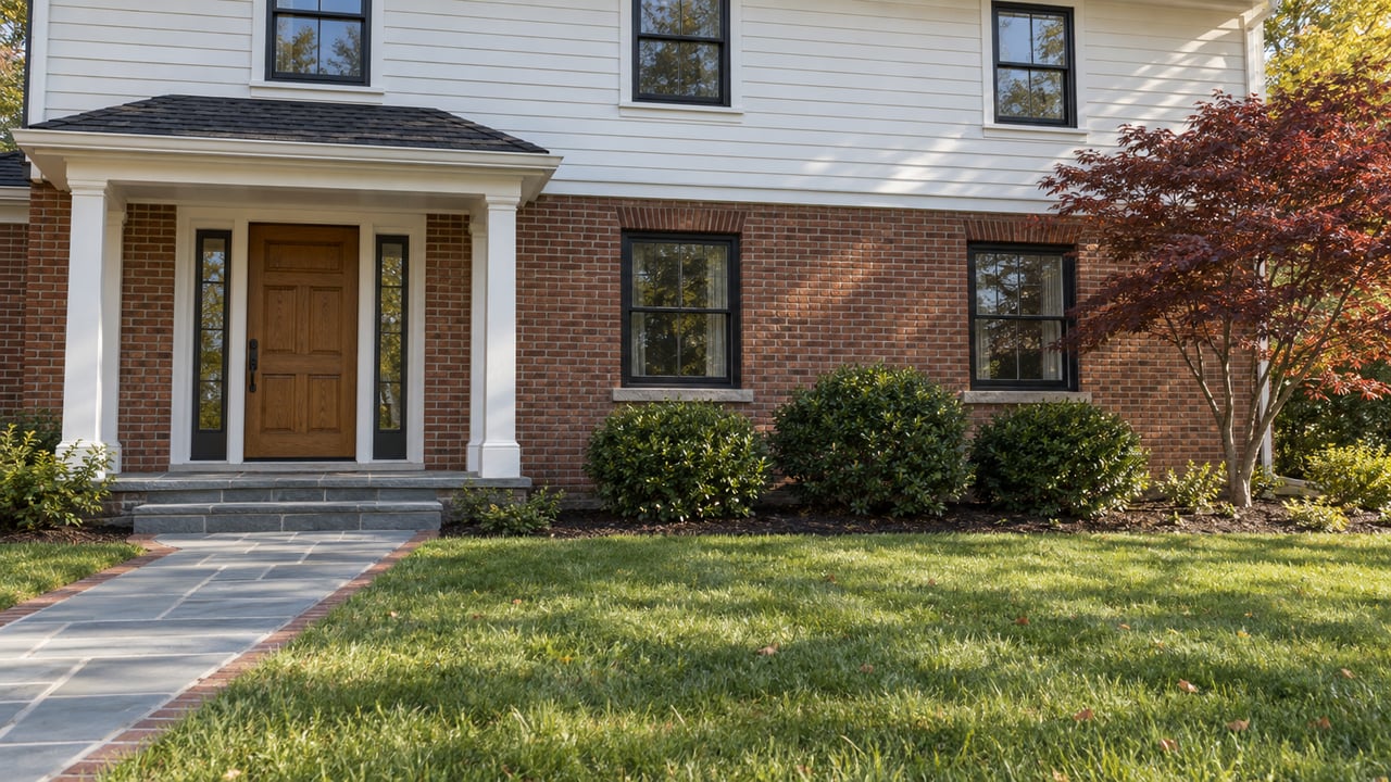 Brick and white clapboard home with an oak entry door, bluestone walk, autumn maple and broad front lawn.