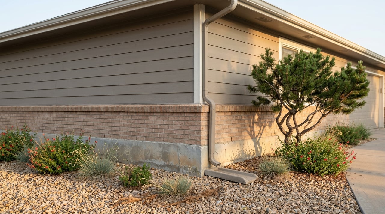 Home corner with a brick water table, taupe siding, pinyon pine, and gravel planting bed.