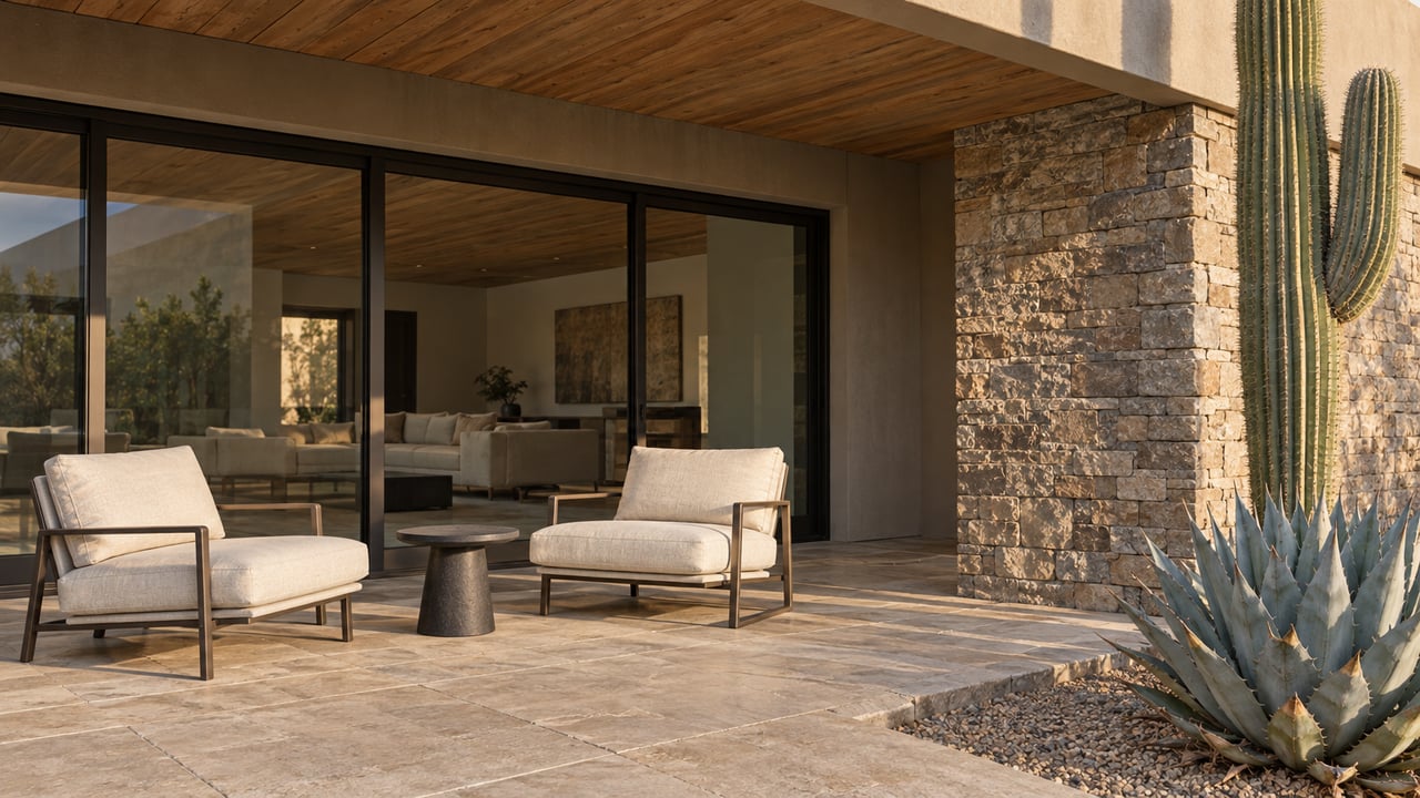 Covered desert-home terrace with cream lounge chairs, dark-framed glass, warm stonework and a blue-gray agave.