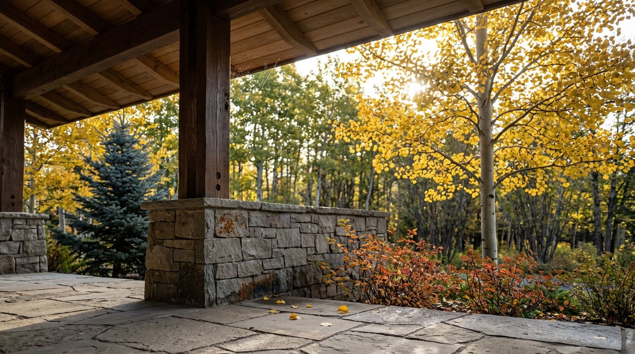 Stone-and-timber porch with a dark post, flagstone floor, and gold aspen leaves glowing in morning light.