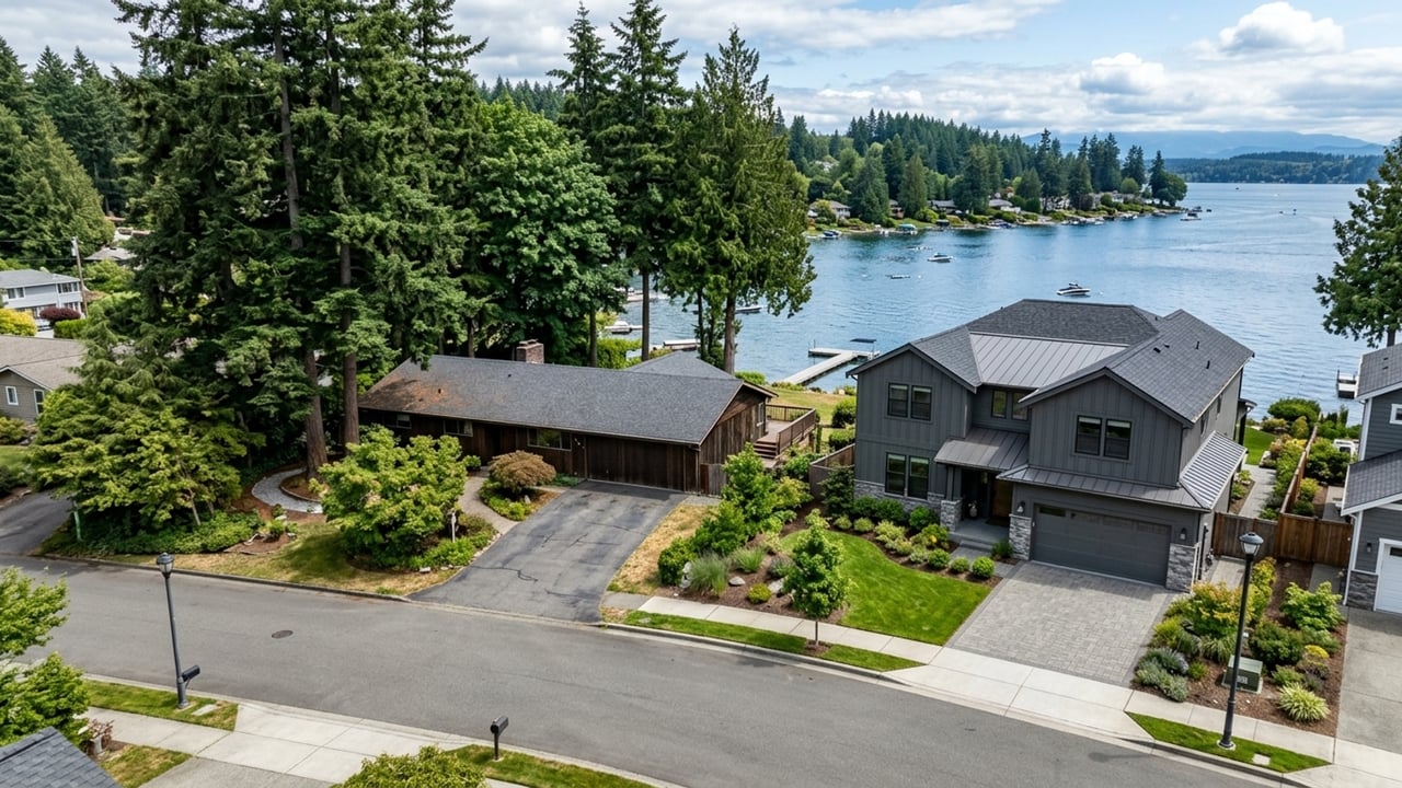 Aerial view of lakefront homes with docks, tall evergreens, and landscaped yards.