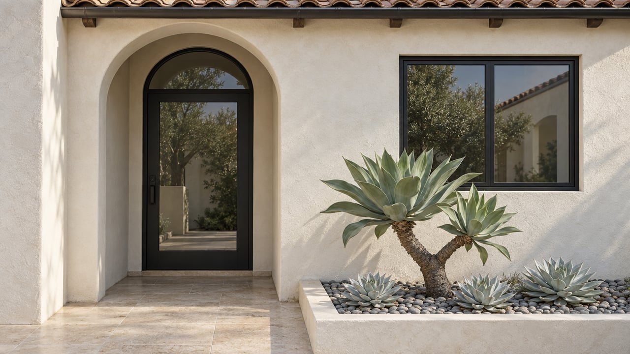 Ivory stucco home with an arched glazed entry, terra-cotta eave, limestone landing, and a stone-filled succulent bed.