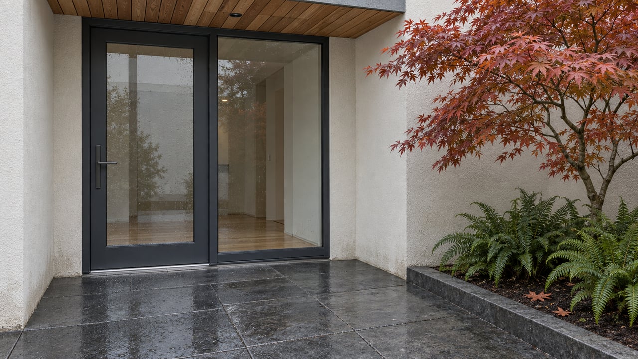 Contemporary glazed condominium entrance beneath a weathered cedar canopy, with damp basalt paving and a copper-leaved Japanese maple.