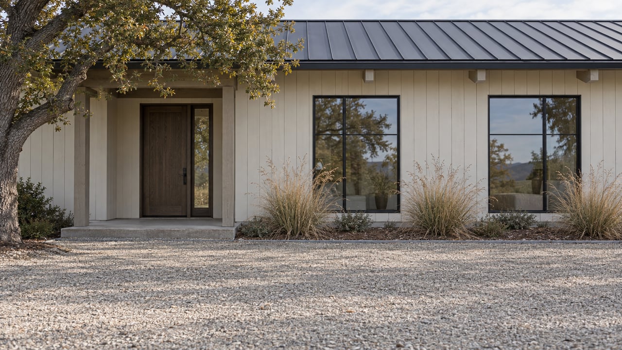 Off-white timber house with a dark standing-seam roof, oak entry door and black-framed windows beyond a broad gravel court and three straw-colored deergrass clumps.