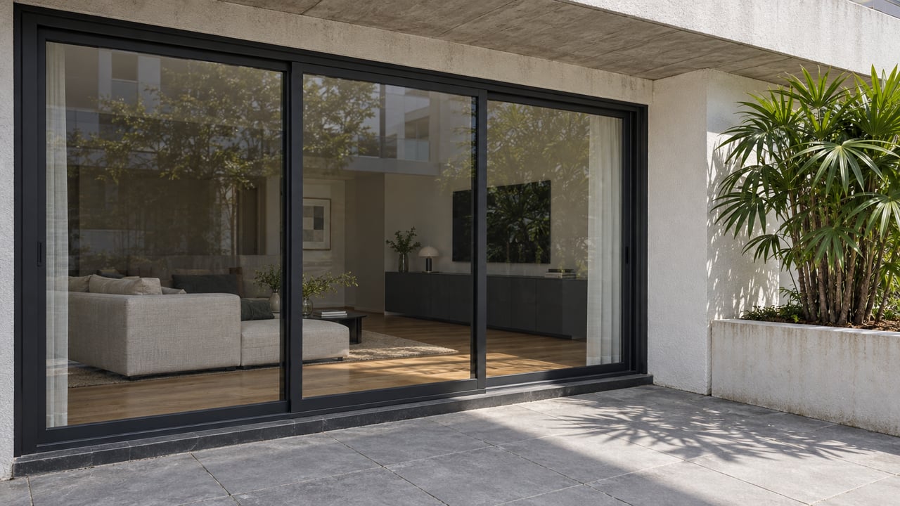 Contemporary residential terrace with black-framed sliding glass doors, gray pavers and a single lady palm in a masonry planter.