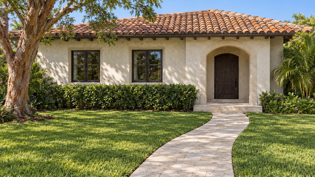 Older cream stucco home with a barrel-tile roof, recessed timber entrance and limestone walk crossing a deep lawn beside a copper-barked tree.