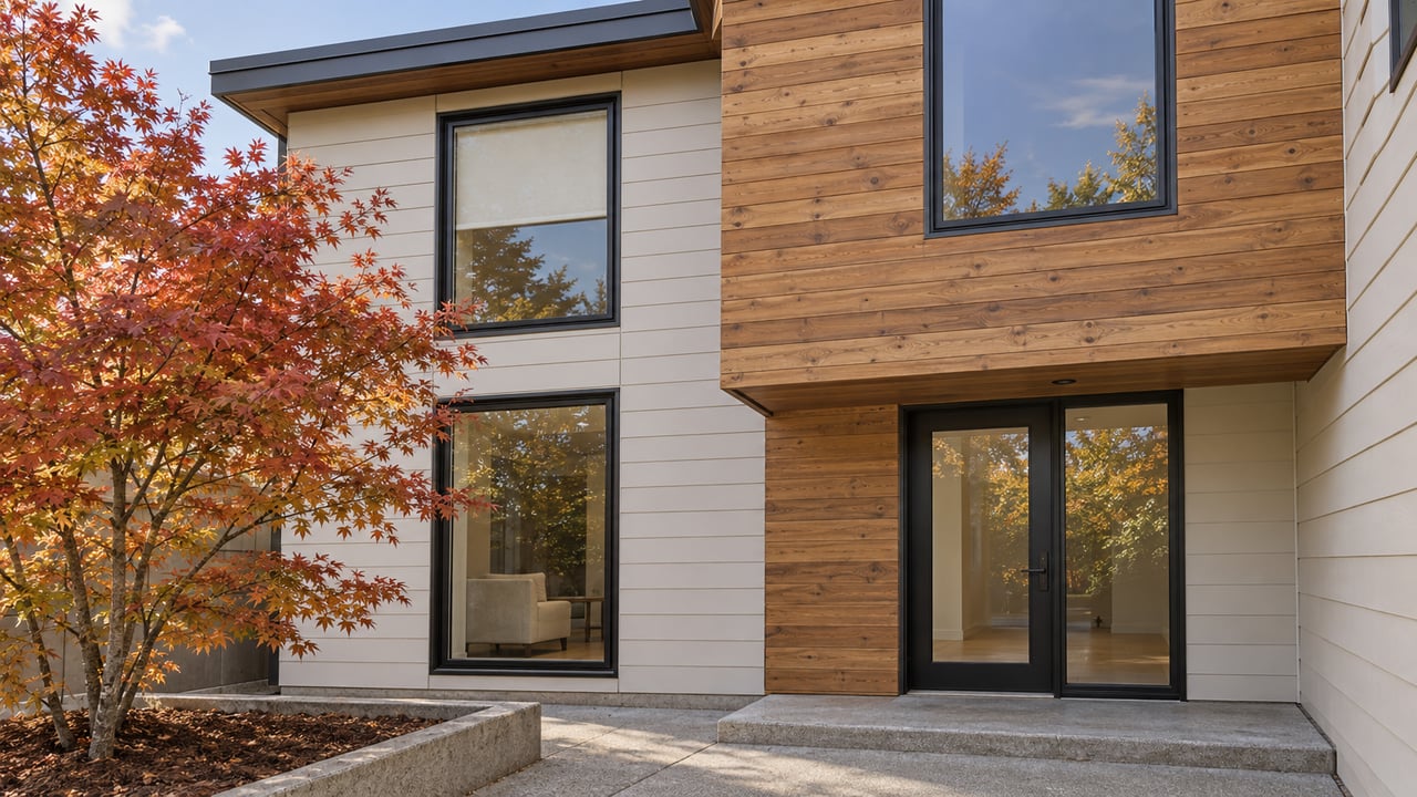 Cedar-clad townhome with black-framed windows, a glazed entry, and an autumn vine maple beside a concrete approach.