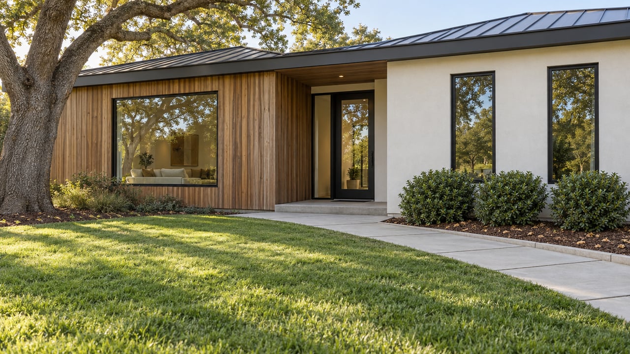 Low wood-and-plaster home behind a deep lawn, with a mature oak, black-framed windows and a concrete entry walk.