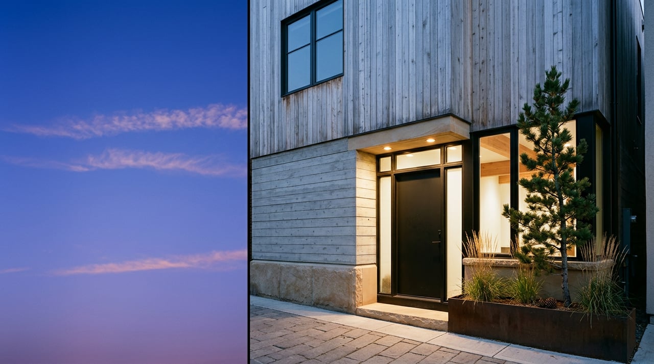 Residence entry with stone plinth, cedar-and-concrete facade, warm sconces, and a bristlecone pine planter.