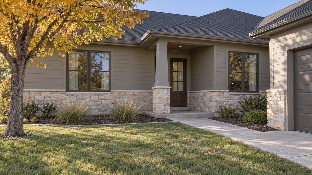 Gray-sided suburban house with a recessed entry, stone base, front lawn, and gold-leaved tree.