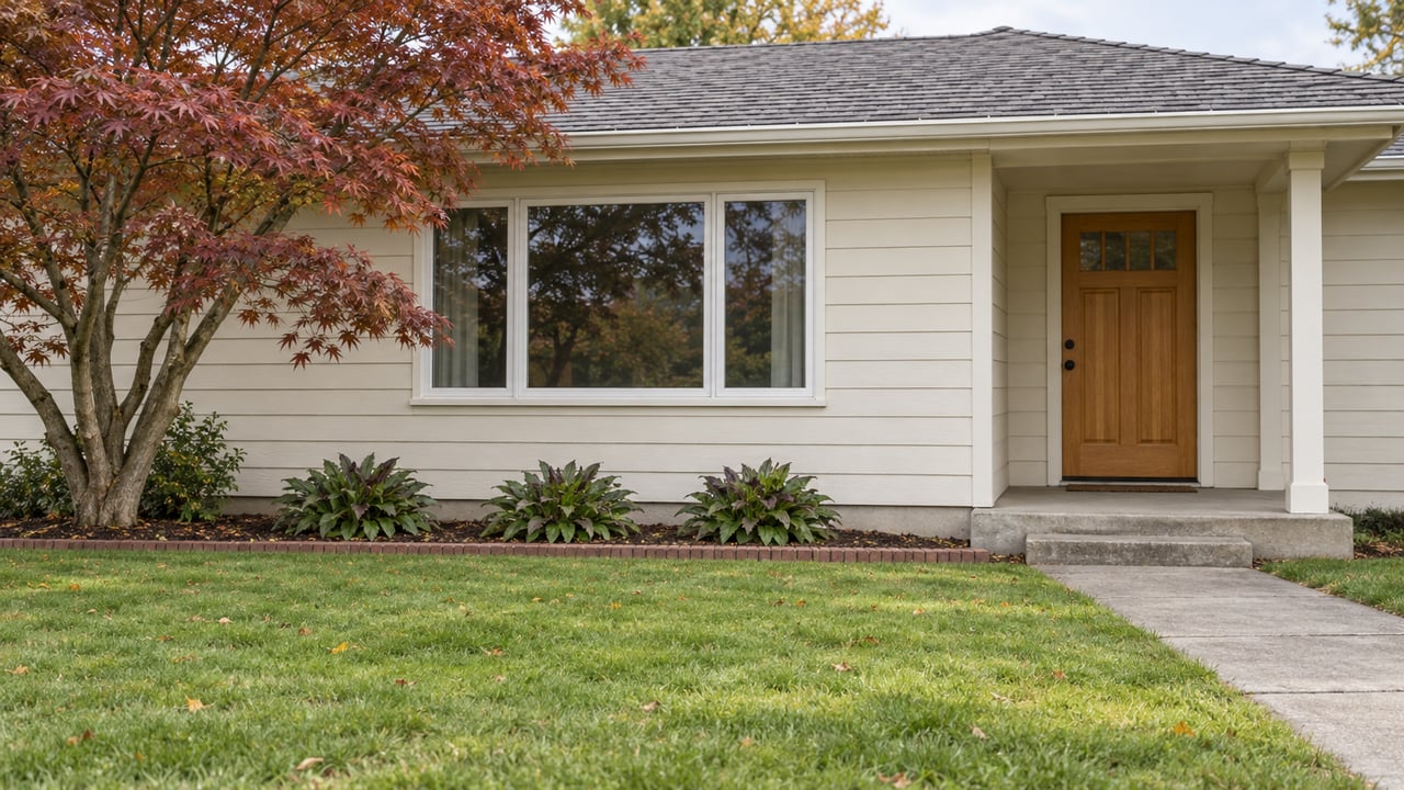 A single-story home with ivory wood siding, a sheltered oak front door and a red-leaved maple beside a broad window, viewed across an established front lawn.