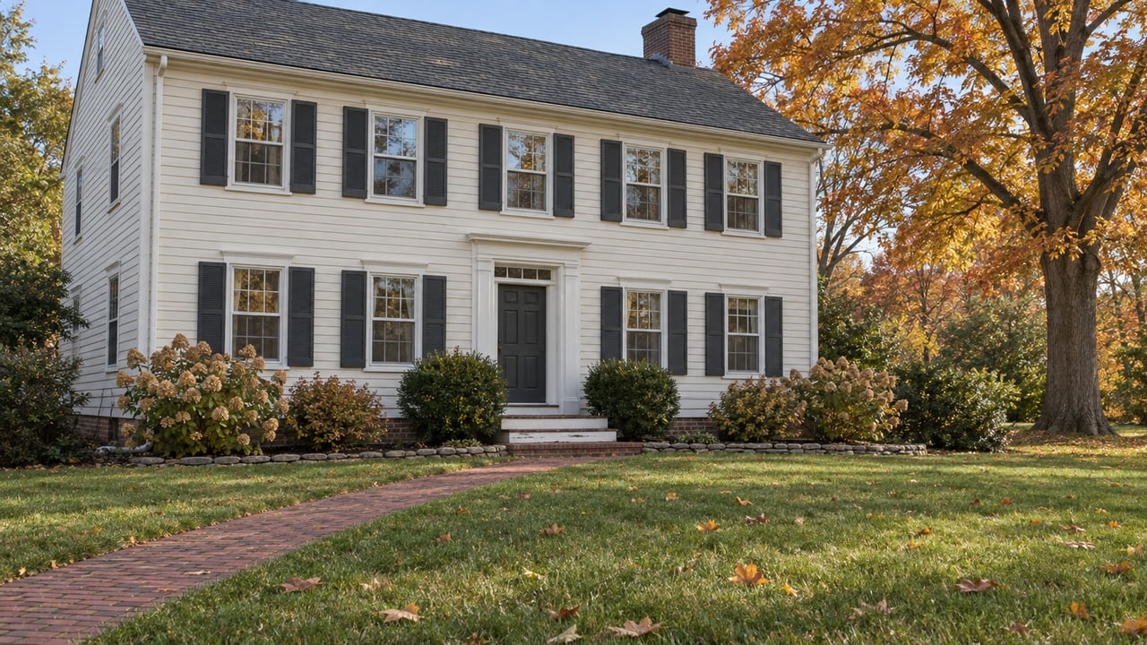 Ivory clapboard house with dark shutters, a brick approach across a deep front lawn, and an amber-leaved maple in autumn sunlight.