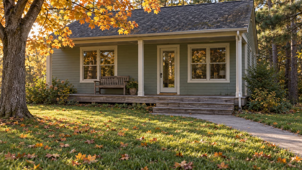 Sage-sided cottage with a covered back porch, weathered steps and an orange-gold maple above a leaf-strewn autumn lawn.