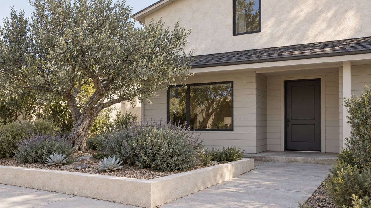 Two-story stucco and wood-sided home with a recessed entry, olive tree, and gravel planting bed.