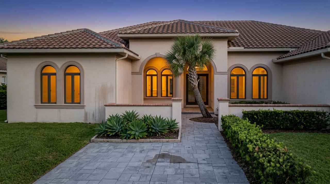 Two-story stucco home with an arched entry, glowing windows, tiled roof, palm, and paver driveway at dusk.