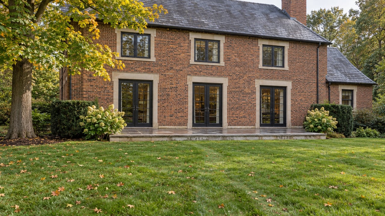 Red-brown brick house with a slate roof beyond a broad lawn and raised bluestone terrace.