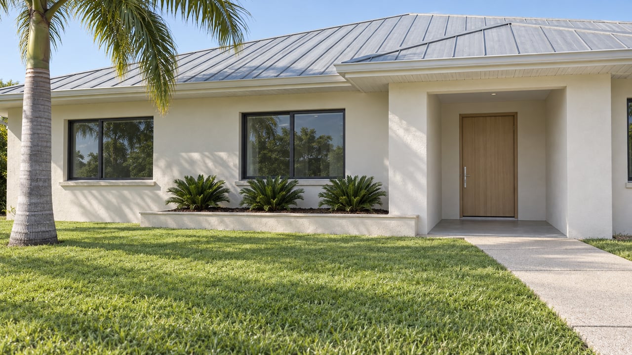 Sunlit single-story ivory stucco home with a broad metal roof, deep front lawn, royal palm and shell-aggregate entry walk.