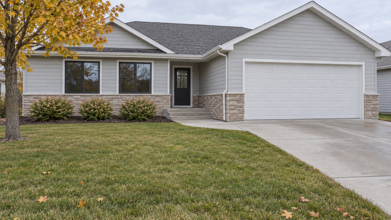 Light gray single-story home with stone wainscoting, a double garage, broad lawn and a gold-leaved maple in soft daylight.
