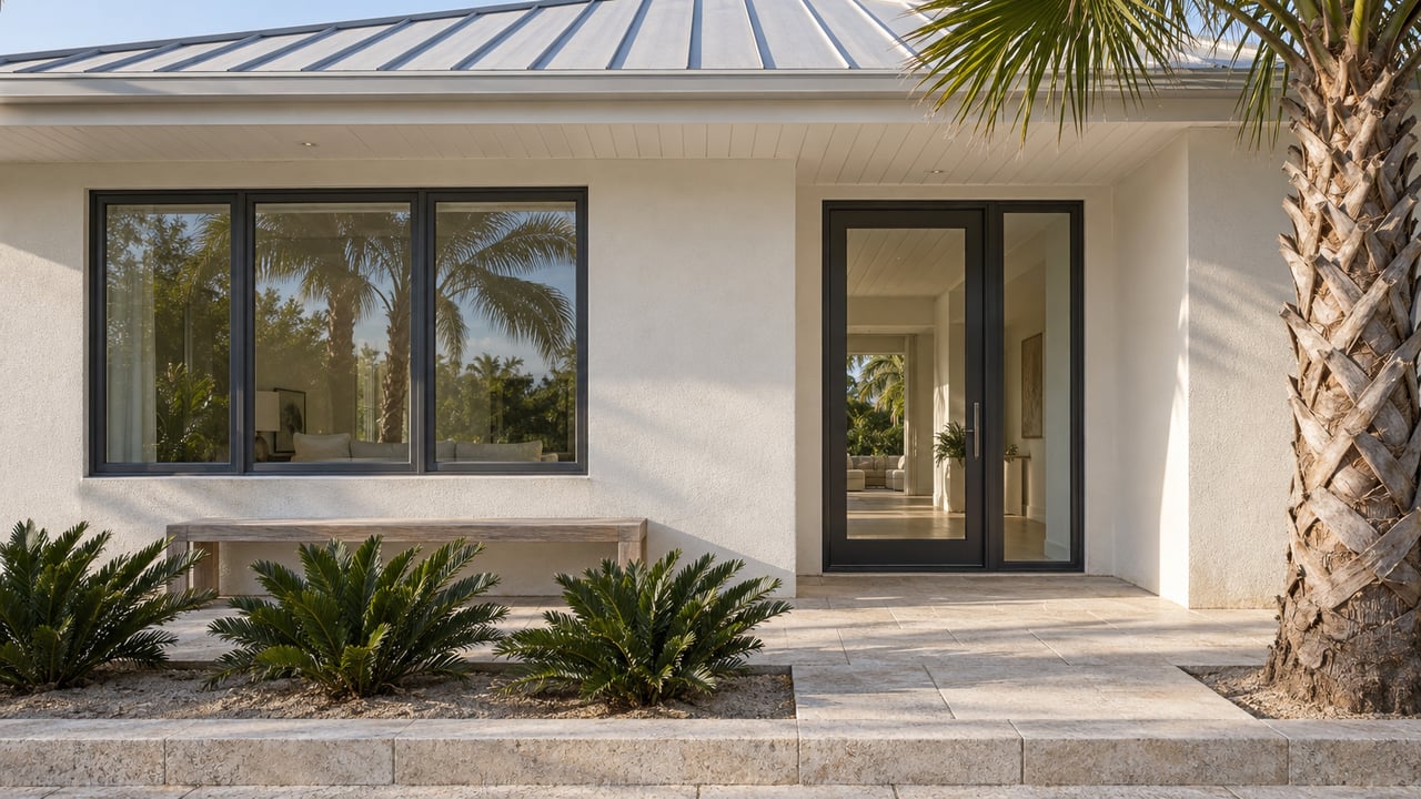 Sunlit stucco home entry with charcoal-framed glazing, limestone terrace, a teak bench and a mature fan palm.