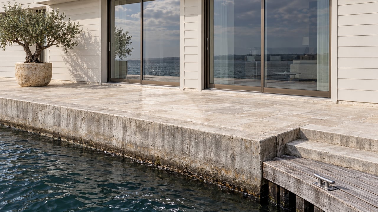 Coastal home terrace with bronze-framed glass doors, a potted olive tree, and steps down to a timber landing.