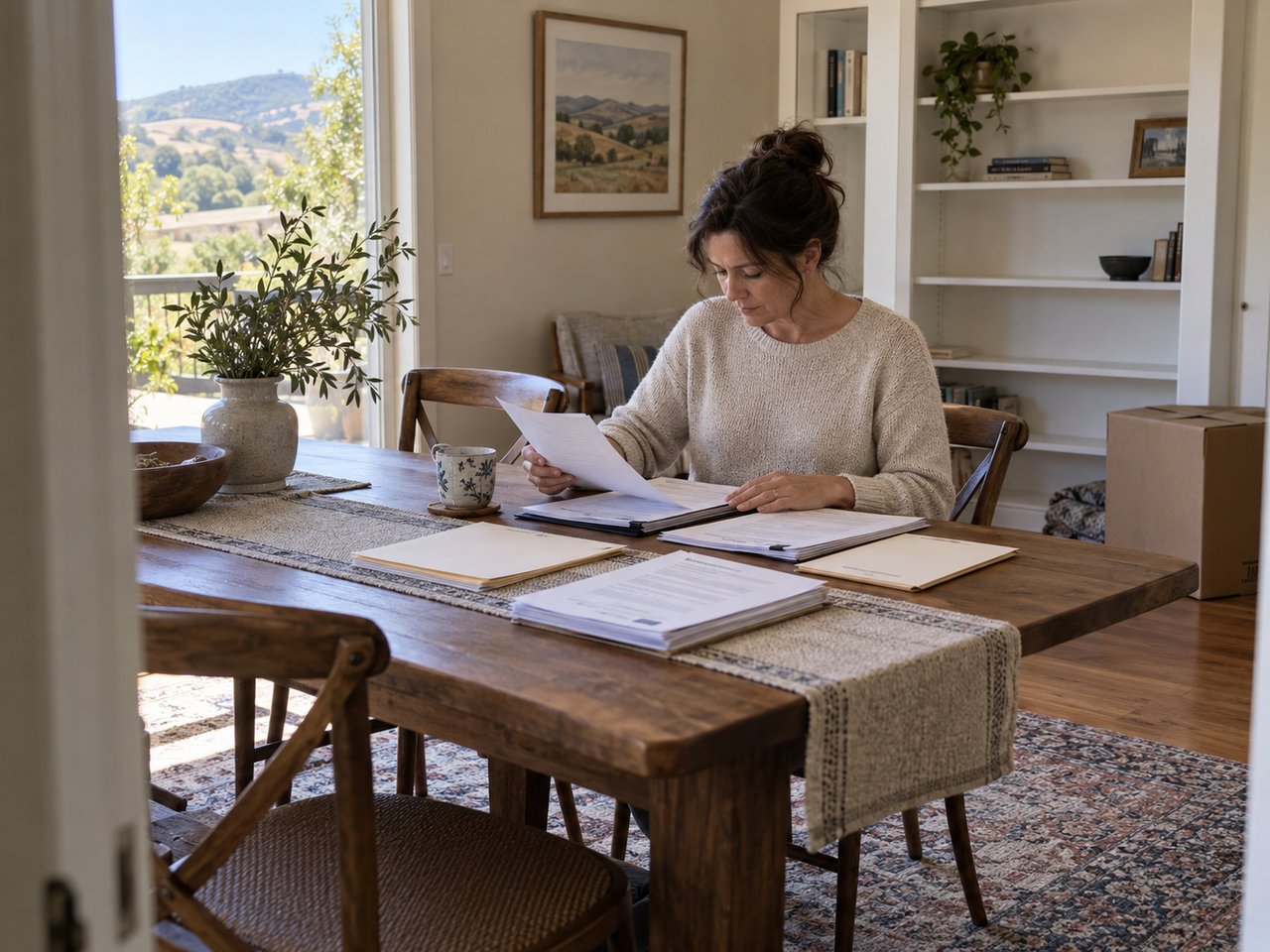 A San Luis Obispo County home seller organizes a concise set of closing documents at home before the final signing appointment.