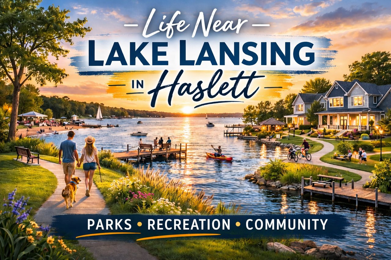 Life near Lake Lansing in Haslett, MI with waterfront properties, community parks, boating, and scenic sunset views.